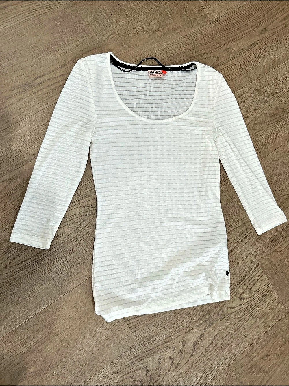 ONLY White Ribbed Scoop Neck 3/4 Sleeve Fitted Top Small